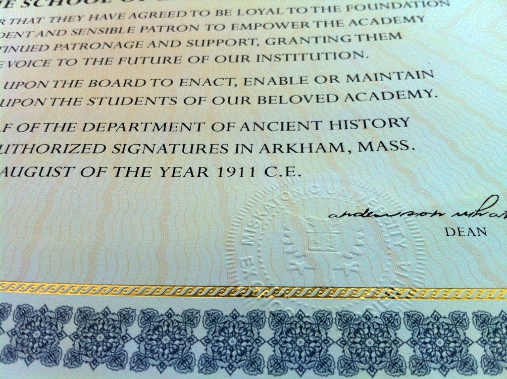 Miskatonic University Honorary Degree — Official Certificate & Registry Placement